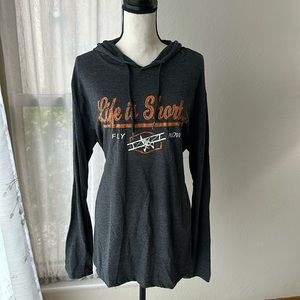 Life is Short Fly Now Long Sleeve Hooded Shirt distressed Dk Grey size XL